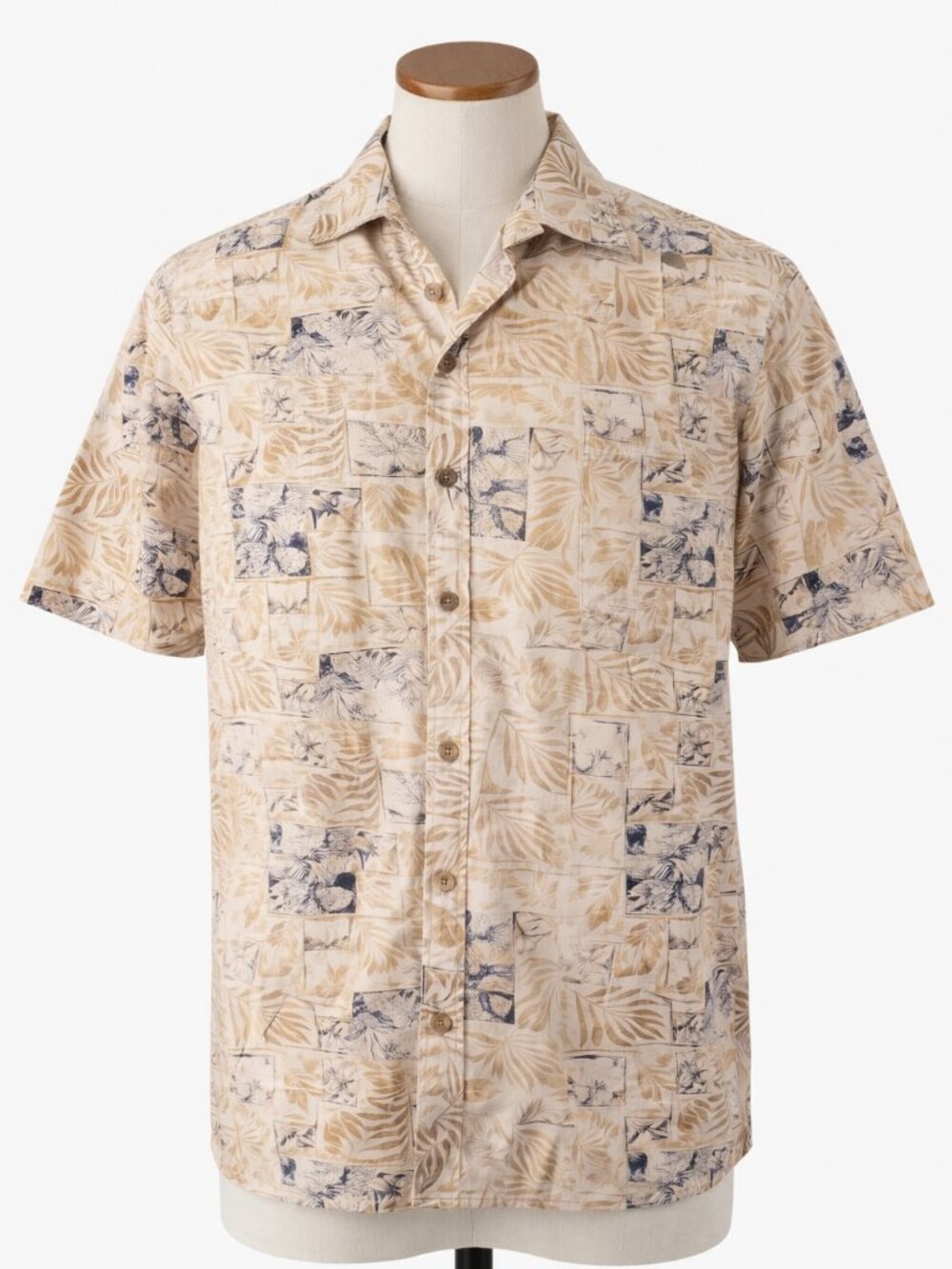 CAMPIA Men's Abstract Palm Leaf Print Button Up Shirt Beige Size L Cotton